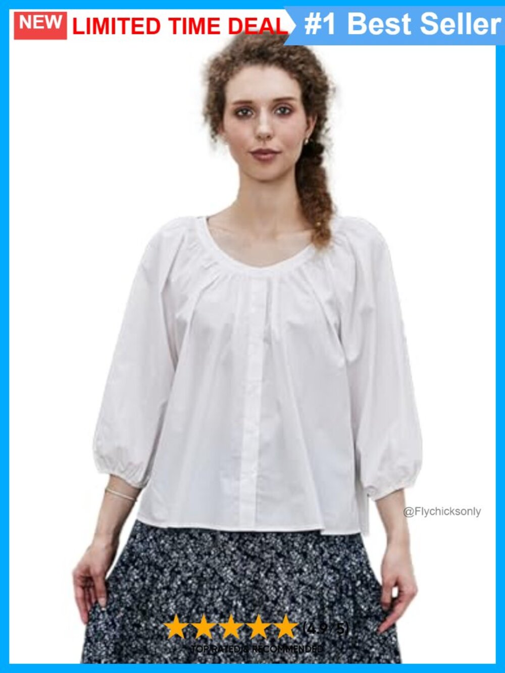Victorian Cotton Puff Sleeve Blouse 3/4 Sleeve Round Collar Comfy Top